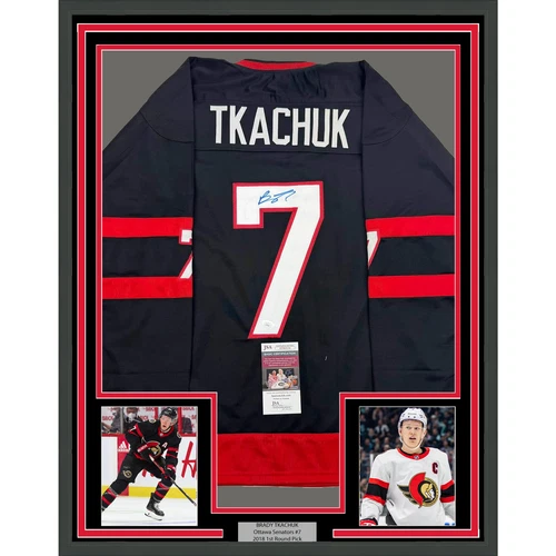 Framed Autographed/Signed Brady Tkachuk 35x39 Ottawa Black Hockey Jersey JSA COA