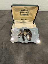 Vintage Brut Horse Belt Buckle Silver Tone Bronze Horse Head Horsheshoe Clip