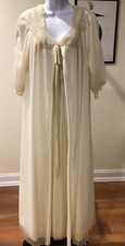 Vintage Leonora Nylon Nightgown  Robe Set Cream Lace Trim 1960s USA   Flaws