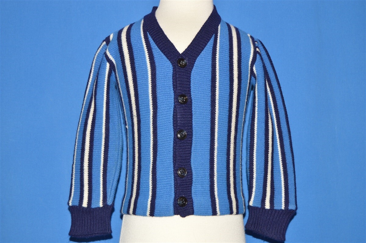 トップス 70s acrylic cardigan vtg 70s BLUE WHITE STRIPED CARDIGAN ACRYLIC BUTTON FRONT