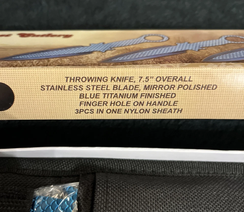 JUEGO DE CUCHILLOS PARA LANZAR CUBIERTOS ESCARCHA 3 piezas con funda acabado titanio azul Foto 3 de 4