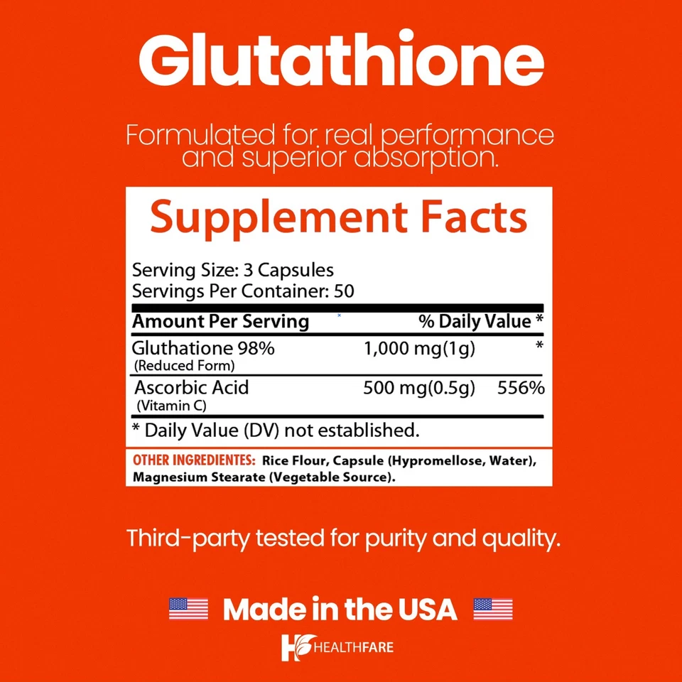 Healthfare Glutathione 1000mg GSH L-Glutathione Reduced 150 Capsules Antioxidant - Image 3 of 4