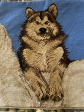 Needlepoint Pillow Case Handmade Wool Brown Husky on Blue Background 15"x15"