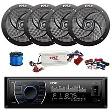 Pyle BT Marine Stereo Receiver, BT Amp w/Kit, 4X 5.25" 180W Black Speakers,Wire