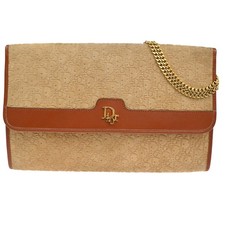 CHRISTIAN DIOR Trotter Chain Shoulder Clutch Bag Suede Leather Beige GHW 69TA411