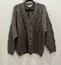 VTG LL Bean 100 Wool Cardigan Sweater Mens L Chunky Cable Knit Made In Ireland
