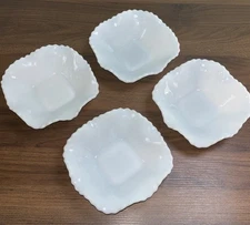 4 Vintage Hazel Atlas Milk Glass Ruffle Edge Diamond Square Pattern Candy Dish