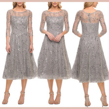 NWT $458 La Femme [ 10 ] 30002 Lace Beaded Short Midi A Line Dress Silver S2106