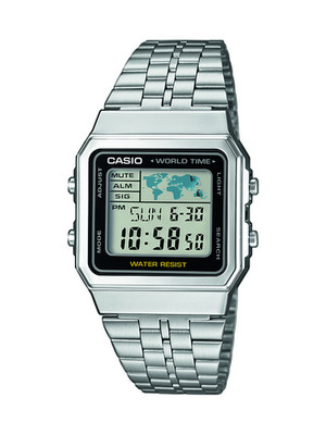 Casio Collection Herren Digitaluhr mit schwarzem Ziffernblatt und silbernem Armband A500WEA-1EF