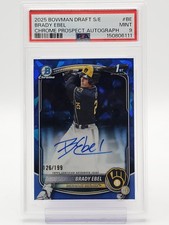 BRADY EBEL 2025 BOWMAN DRAFT CHROME 1ST SAPPHIRE AUTO BLUE /199 PSA 9 Q3098