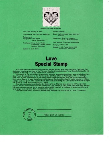 Souvenir Page FDC Stamp #SP762, Love Special Stamp #2248, January 30, 1987