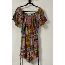 White Birch Women’s Boho Patchwork Print Ruffle Sleeve Romper Size L Made in USA