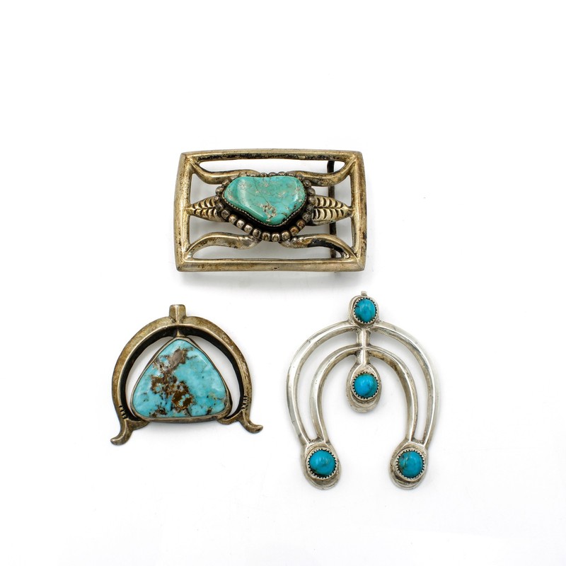 Southwest Sterling Sand Casted Turquoise Pendant Belt Buckle Lot of 3 #S5206-4