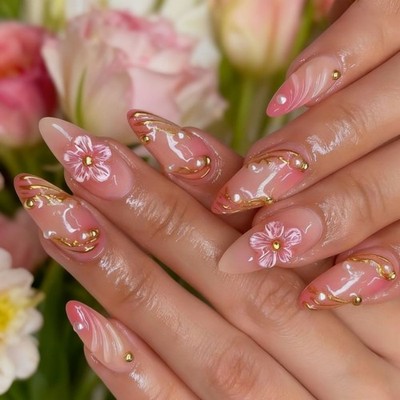 48 Pcs Pink Gold Flower Press on Nails, Medium Almond 3D Pearl Decor Fake Nails