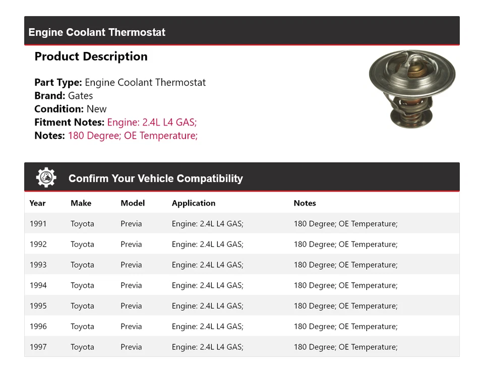 Para Toyota Previa 1991-1997 2.4L L4 Motor Gas Refrigerante Termostato Puertas 1992 Foto 2 de 4