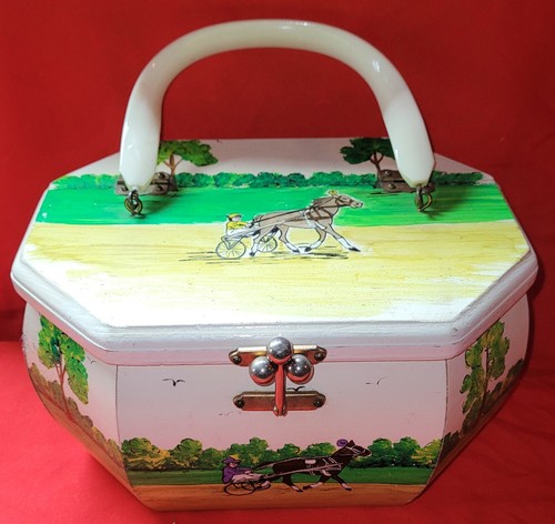 Vintage Billie Ross Of The Palm Beaches Wood Purse Horse Wagon Carry Handle