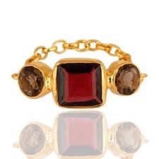 Natural Smoky Quartz Garnet 18K Gold Plated 925 Sterling Silver Ring Jewelry