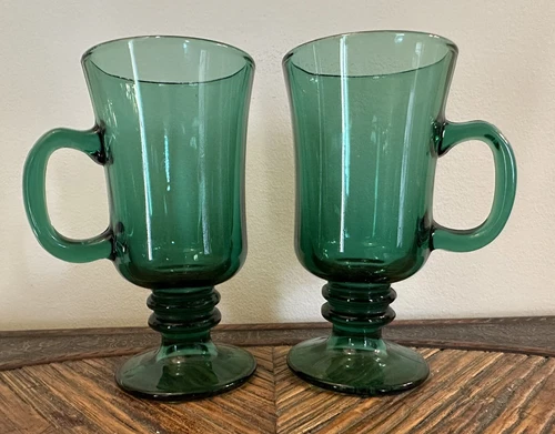 Vintage Libbey Juniper Green Glass Footed Irish Coffee Mugs Gold Rims Set of 2