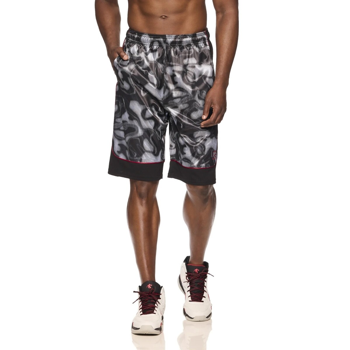 AND1 Mens Basketball Gym Court Workout Shorts Black Gray Red