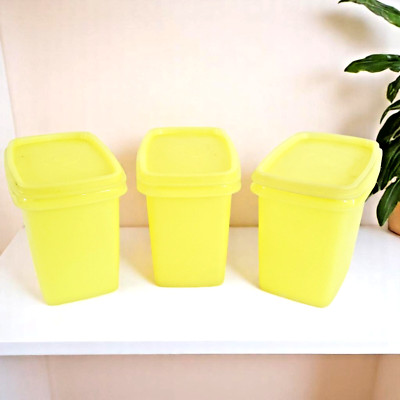 Vintage 1980s Tupperware Set of 3 Yellow Food Storage Containers #1243-4 w/Lid