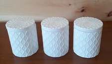 Set of 3 Glass Jars with Lid, White Unused in Boxes 3 7/8" X 3 1/4" Dia