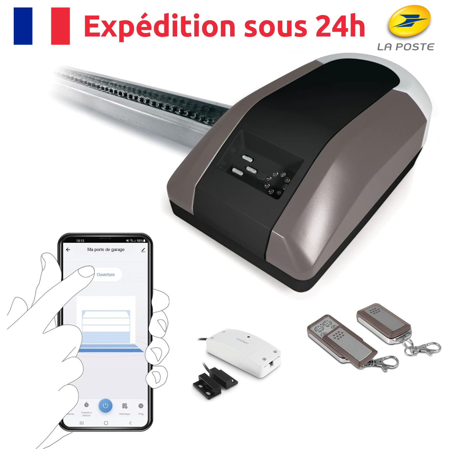 Motorisation porte garage connectée 230V avec contrôle smartphone et retour d'état