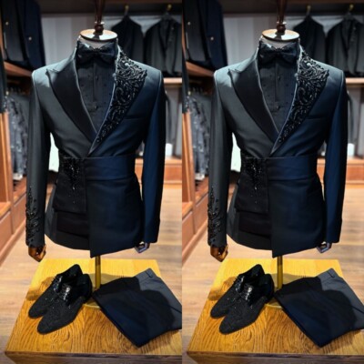 Black Fashion Men's Suits Peak Lapel With Beading Party Groom Wedding Men Blazer