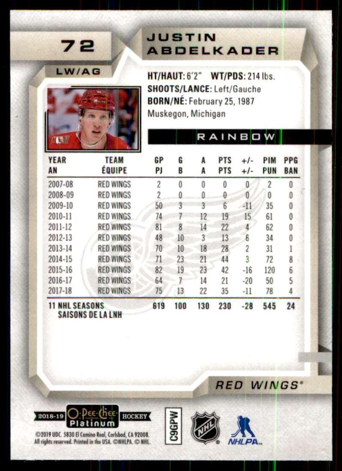2018-19 O-Pee-Chee Platinum Rainbow Justin Abdelkader #72 - Image 2 of 2