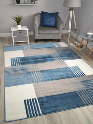 Neu Marineblau Modern Quadratisch Niedrigflor Günstig Weich Klein Groß Wohnzimmer Flur Teppich
