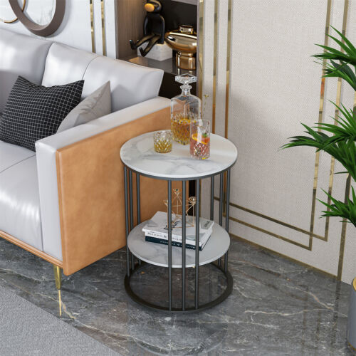 Coffee Table End Marble Top with Metal Frame Round Side Table with Storage Shelf - Picture 3 of 17