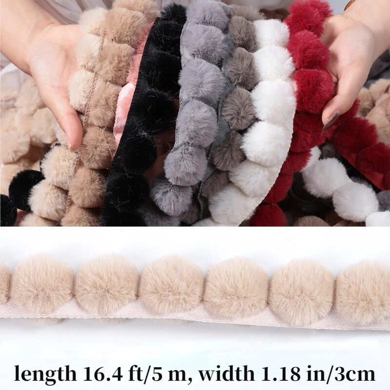 5M 3cm Faux Fur Pom Pom Bobble Edge Trim Ball Ribbon DIY Craft Clothing Sewing - Image 2 of 4