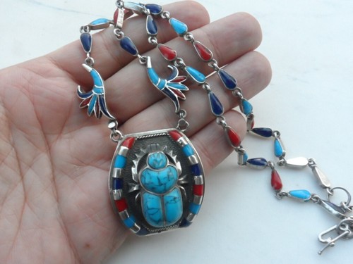 STUNNING ART DECO EGYPTIAN REVIVAL SCARAB STERLING SILVER TURQUOISE ...