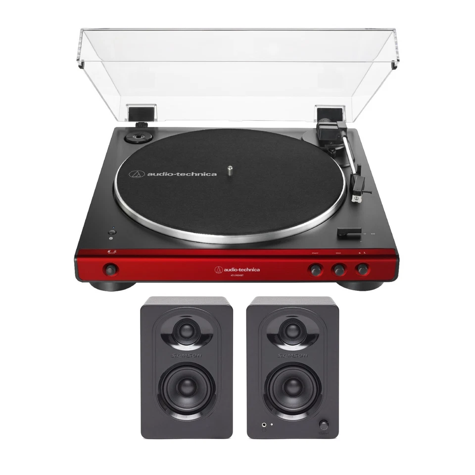 Audio Technica AT-LP60XBT Bluetooth Turntable Red Bookshelf Speakers