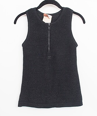 Courreges Paris Vintage Knit Sleeveless 1/2 Zip Black Metallic Top Size B Medium