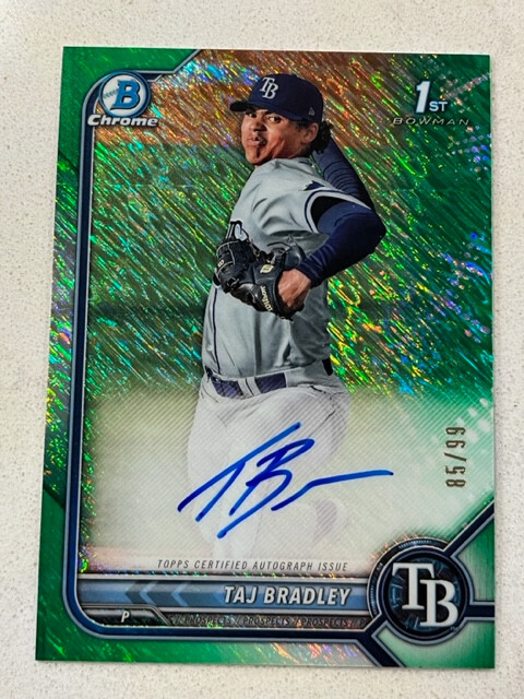 TAJ BRADLEY 2022 Bowman 1st Chrome GREEN Shimmer AUTO # 85/99 Autograph Rays