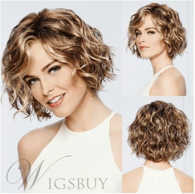 100 Human Hair Bob Hairstyle Short Wavy Curly Brown Fashion Woman Wig Ebay
