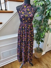 Black Floral Women's Cotton HalterNeck Pleated Sleeveless Long Maxi Dress S