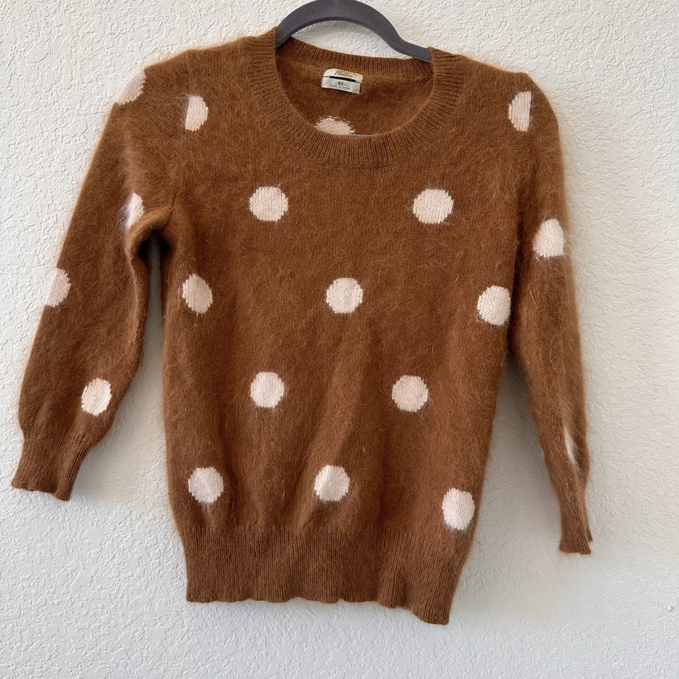 Wallace Women's Sweater Brown White Polkadots Angora Rabbit Hair Blend Sz XS - Image 2 of 4