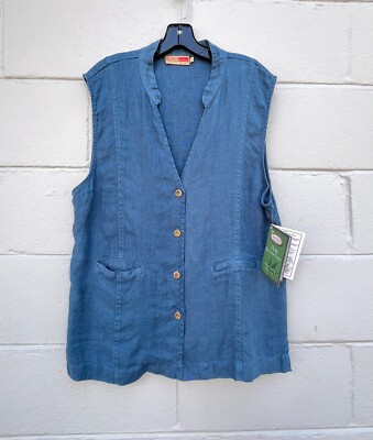 Women's Ming Vest Teal Blue Mandarin Collar Pockets 100% Hemp Size Small NWT