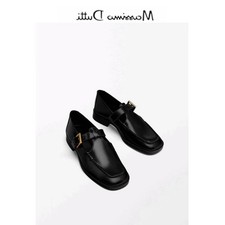 Massimo Dutti Women's Shoes 2024 Square Toe Vintage Loafers Leather Shoes Black
