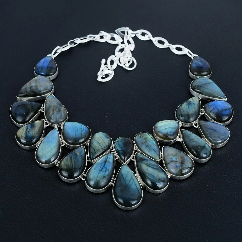 Ожерелье из стерлингового серебра 925 пробы с лабрадоритом ювелирное изделие размер 17–18 дюймов - Изображение 2 из 4