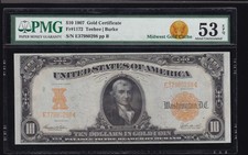 US 1907 $10 Gold Certificate Teehee/Burke FR 1172 PMG 53 EPQ AU (298)