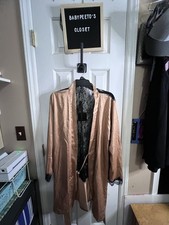Frederick's of Hollywood Women's Satin Lace Trim Belted Robe L Champagne Black
