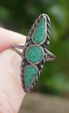 Vintage Navajo Sterling Silver  Green Turquoise Elongated Ring - Size 5.25