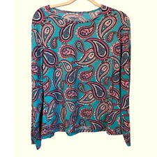 Lands End Womens XL 18 Paisley Long Sleeve Rash Guard Top UPF 50 Teal Pink