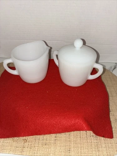 Fire King Vintage Milk Glass Covered Sugar Bowl And Creamer