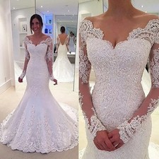 Off Shoulder Long Sleeved Mermaid Wedding Dress Lace V-neck Satin Bridal Gown