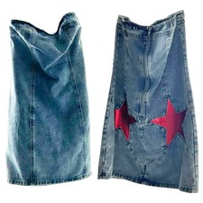 NWT Nasty Gal Strapless Blue Denim Mini Dress Red Foil Stars Size 10 Bodycon