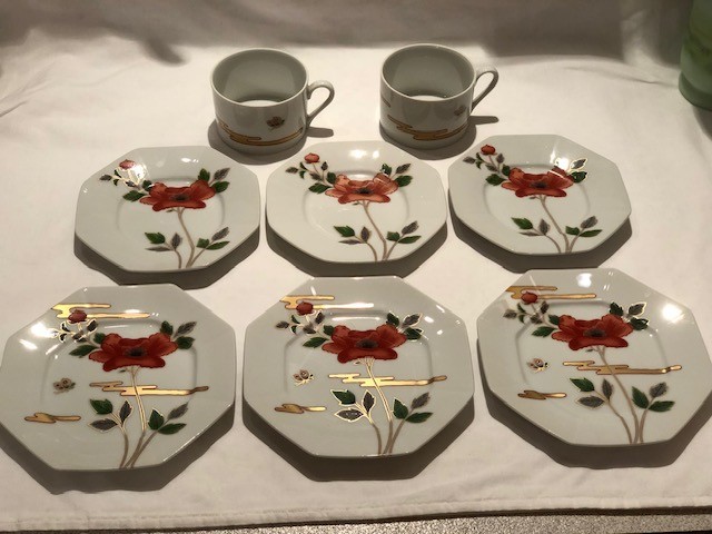 8 PC Set Fitz and Floyd Fleur et Nuages 2 Cups 3 Saucers 3 Bread Dessert Plates