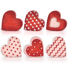 6 Pcs Valentine's Day Wooden Heart Table Signs Red Wood Table Centerpiece Block